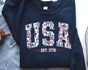 Faux Floral USA Sweatshirt, American Girl Sweatshirt, USA Est 1776 Sweatshirt, Girly 4th of July Shirt, Patriotic Women Shirt, Flower USA