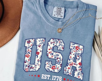 Comfort Colors Floral USA Shirt, American Girl Shirt, USA Est 1776 Shirt, Girly 4th of July Shirt, Patriotic Women Shirt, Flower USA Shirt