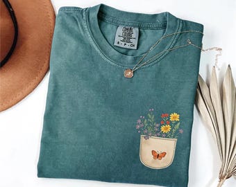Comfort Colors® Wild Flowers Pocket Shirt, Wildflower Tshirt, Floral Shirt, Botanical Shirt, Flower Shirt, Nature Lover Shirt, Ladies Shirts