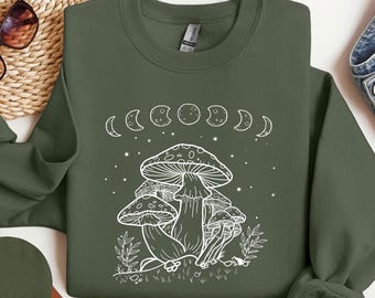 Mushroom Sweatshirt, Moon Phases And Mushrooms Shirt,Magical Celestial Fungi Shirt, Goblincore Aesthetic,Cottagecore Mushroom,Magic Mushroom