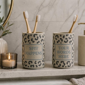 Custom Concrete Leopard Print Toothbrush Holder | Personalised Makeup Brush Pot in Words of Your Choice