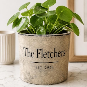 May include: A cylindrical, weathered beige planter with a dark rim, featuring the black printed text "The Fletchers" above a horizontal line and "EST 2026". A vibrant green Pilea peperomioides plant with round, coin-shaped leaves grows inside the pot.