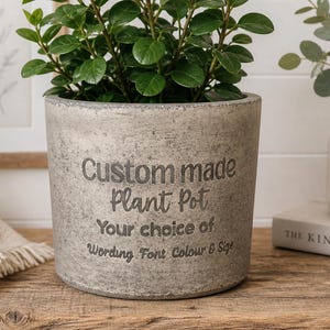 May include: A gray, textured plant pot with the text "Custom made Plant Pot" and other text. The pot contains a green plant. The pot is on a wooden surface. A framed picture and a vase are in the background.