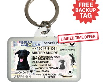 Custom North Carolina Driver License Pet ID Tag: Personalized Dog & Cat Tag