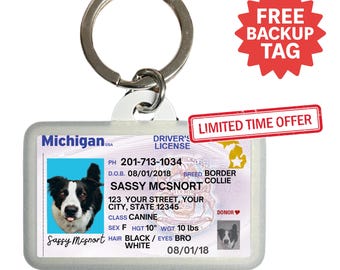 Custom Michigan Driver License Pet ID Tag: Personalized Dog & Cat Tag