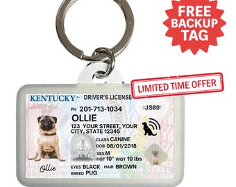 Kentucky Driver License Pet ID Tag: Custom Photo, Durable Aluminum