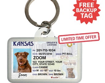 Etiqueta de identificación de mascota personalizada para licencia de conducir de Kansas: etiqueta personalizada para perros y gatos