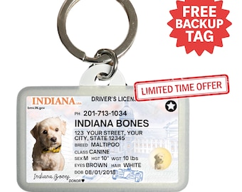 Custom Indiana Driver License Pet ID Tag: Personalized Dog & Cat Tag