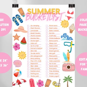 Puede incluir: Un colorido póster de lista de deseos de verano con ilustraciones de artículos de playa, comida y actividades. El póster incluye el texto "Summer Bucketlist" y mide 45.72cm x 60.96cm y 60.96cm x 91.44cm. Es una página para colorear y es editable para la familia.