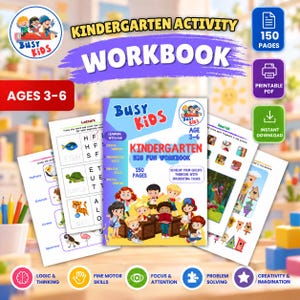Könnte beinhalten: Ein Kindergarten-Arbeitsheft mit 150 Seiten für Kinder im Alter von 3-6 Jahren. Das Cover zeigt den Text Busy Kids, Kindergarten Big Fun Workbook und Kinderillustrationen. Enthält Symbole für druckbare PDFs und Sofort-Downloads.