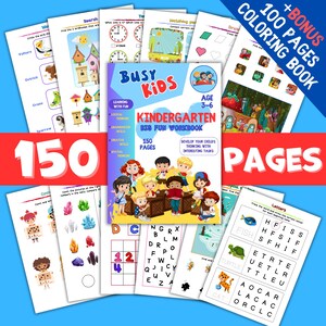 May include: A colourful workbook for kindergarten students with the title "Busy Kids Kindergarten Big Fun Workbook". The cover features a group of children sitting at a table with books. The workbook includes 150 pages of activities and is designed to help children develop their thinking skills.