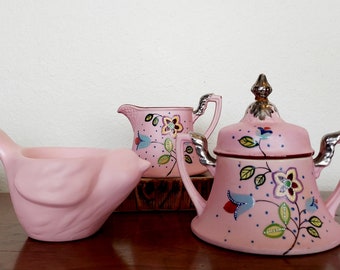 Vintage Pink Art Deco Creamer & Sugar Bowl Set with Bonus Sparrow Pot