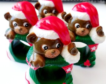 Set of 4 Vintage Teddy Bear and Mouse Christmas Napkin Holders