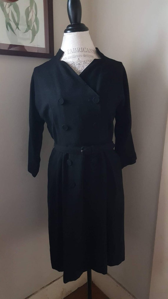 Vintage 1940s Black as Night Wool Dress, sz L/XL