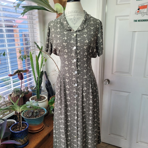 Vintage Y2K 90s Dress, Sage Green with Cream Floral Print, sz M