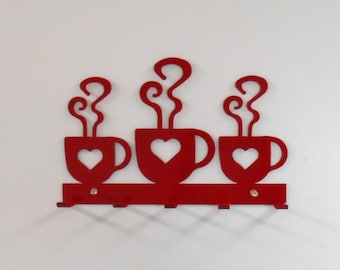 Coffee  / Hearts / Metal Wall Hanging  / Oven Mitt rack / Bright Red / Kitchen decor / Metal Wall Decor / Dish Towels / Key Rack