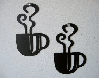 Coffee Cup Wall Art Pair Metal Wall Decoration Steaming