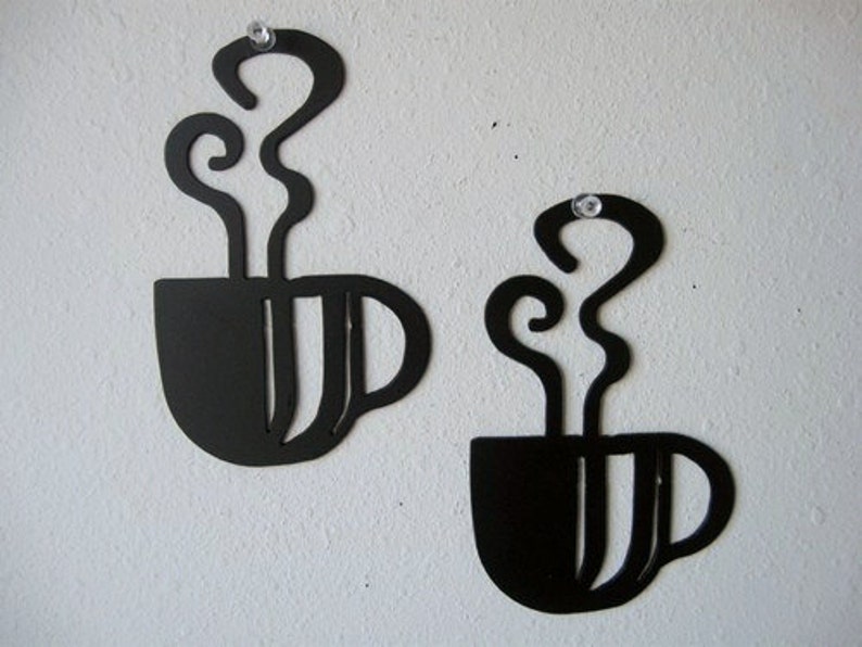 Coffee Cup Wall Art Pair Metal Wall Decoration Steaming image 1