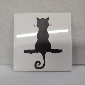 Cat Silhouette, Kitten, Cat Decor, Engraved Ceramic, Glazed Tile, Coaster, Trivet