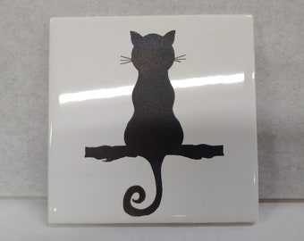 Cat Silhouette, Kitten, Cat Decor, Engraved Ceramic, Glazed Tile, Coaster, Trivet