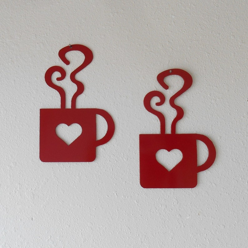 Red Heart Coffee Mug Wall Art Metal Wall Decoration Pair image 1