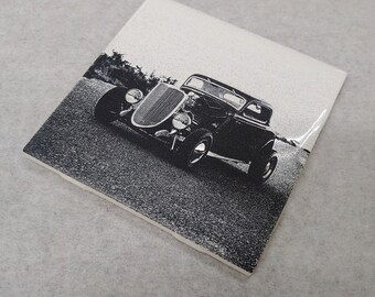 1934, Ford, Hotrod, Engraved Ceramic, Glazed Tile, Coaster, Trivet