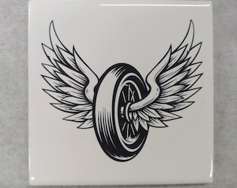 Flying Tire, Hot Rod, Speed Addict, Engraved Ceramic, Glazed Tile, Coaster, Trivet, Decorative Tile