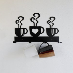 Coffee Cup Mug Rack / Four Cup Holder / Metal Wall Hanging / Kitchen Organizer / Kitchen Decor