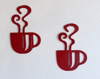 Coffee Cup Wall Art Pair Metal Wall Decoration Red