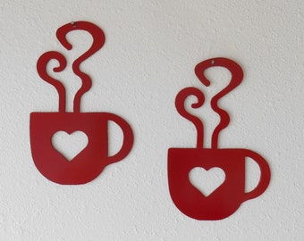 Red Heart Coffee Cup Wall Art  Metal Wall Decoration Pair
