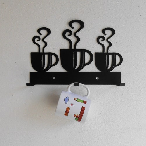 Coffee Cup Rack / Three Cup Holder / Metal Wall Hanging / Etsy