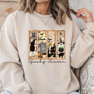 Gruseliges Saison-Halloween-Sweatshirt - Süßer Witchy-Geist-Fall-Rundhalsausschnitt, gemütlicher gruseliger Pullover, schwarzer Katzen-Geist-Kürbis-Grab-Design