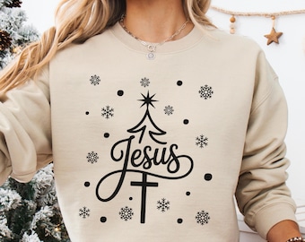 Jesus Christmas Sweatshirt – Christian Faith Crewneck, Jesus Tree Cross Design, Religious Holiday Sweater, Christian Christmas Gift