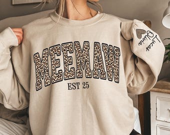 Custom Leopard Meemaw Mama Sweatshirt – Personalized Mama, Nana, Mimi, Gigi, Granny, Grandma Shirt with Kids’ Names on Sleeve, Gift for Her