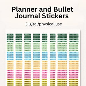 May include: A sheet of colorful planner and bullet journal stickers featuring the text Planner and Bullet Journal Stickers, Digital/physical use. The stickers include labels for daily, weekly, to do, and days of the week in various colors.