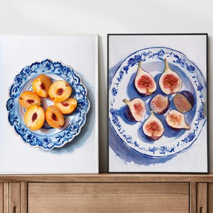 Set of 2 Fruit Still Life Prints – Figs & Peaches | Digital Download Wall Art, Kitchen Decor, Vintage-Inspired Fruit Illustration