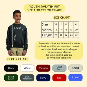 The image is a size and color chart for youth sweatshirts, featuring a young boy wearing a black sweatshirt and khaki pants. The chart provides measurements for chest, width, and length, as well as color options for different sweatshirt styles.