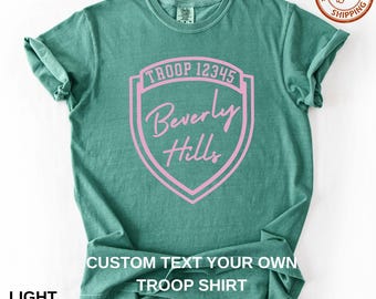 Custom Troop Beverly Hills T-shirt, Youth Comfort Colors Unisex Vacation Shirts, Family Camping Tee,Girl Scout Wilderness Girls,Pink & Green