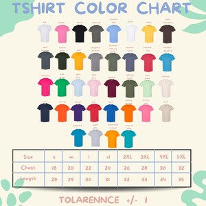 The image is a color chart for a T-shirt, displaying various color options and corresponding sizes.