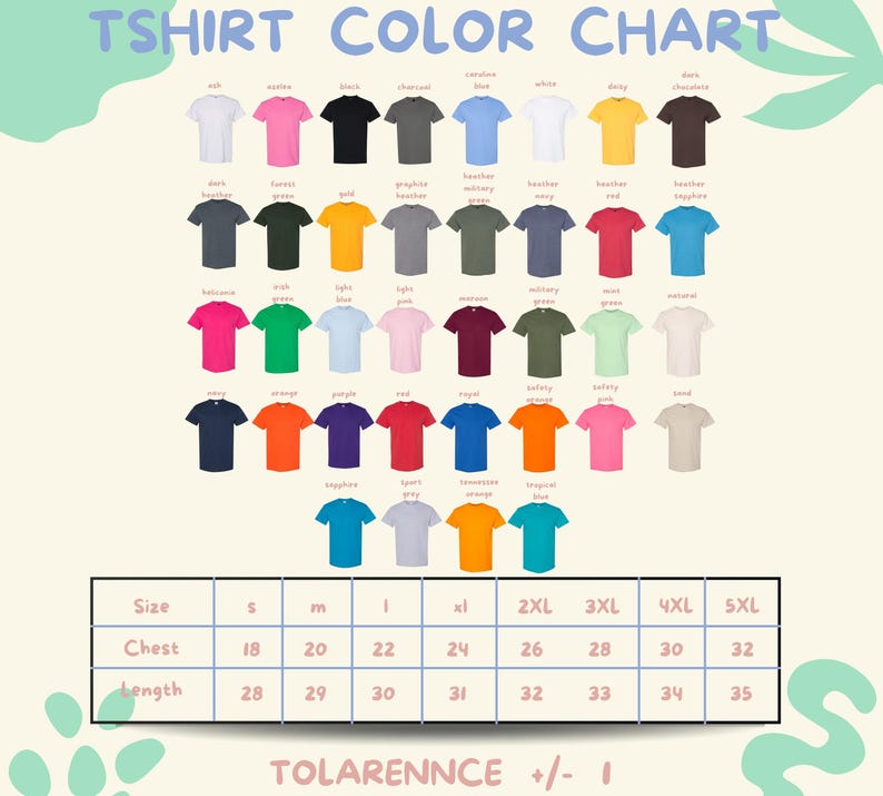 The image is a color chart for a T-shirt, displaying various color options and corresponding sizes.