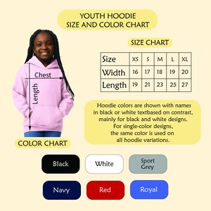The image is a size and color chart for a youth hoodie, providing measurements and color options for different sizes.