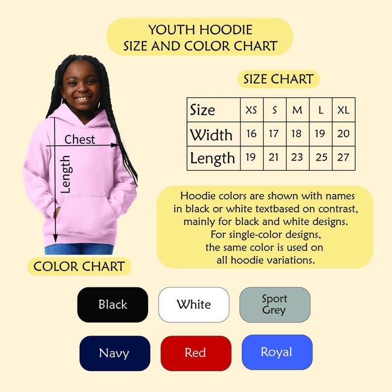 The image is a size and color chart for a youth hoodie, providing measurements and color options for different sizes.