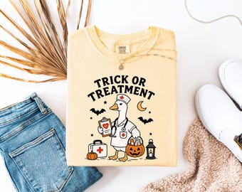 Comfort Colors Trick Or Treatment Halloween Nurse Shirt, Funny Goose Meme Nurse Tee, Retro Spooky Season RN Shirt, Doctor Summerween TShirt
