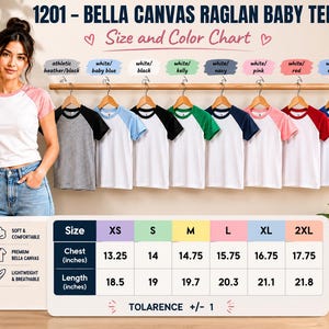 Könnte beinhalten: Eine Größen- und Farbtabelle für das Bella Canvas 1201 Raglan-Baby-T-Shirt mit acht T-Shirts, die weiße Körper und verschiedene Ärmelfarben wie Schwarz, Babyblau, Kelly-Grün, Marine, Pink, Rot und Königsblau aufweisen, inklusive einer Größentabelle in Zoll.