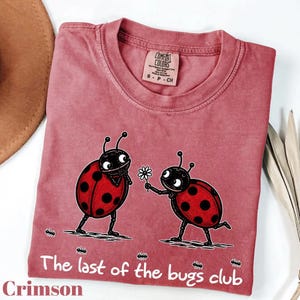 May include: Crimson t-shirt with a cartoon illustration of two ladybirds. One is offering a daisy to the other. The text "The last of the bugs club" is printed below the ladybirds.