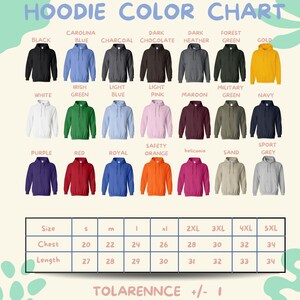 The image is a color chart for hoodies, displaying various colors and sizes.