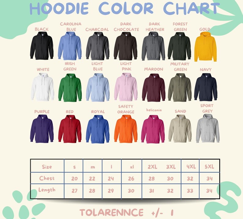 The image is a color chart for hoodies, displaying various colors and sizes.