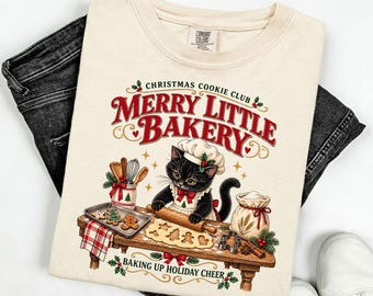 Christmas Cat Comfort Colors Shirt Kitty Biscuits Xmas Baking Tee Gingerbread Cookie TShirt Cozy Black Cat Lover T-Shirt Holiday Tee