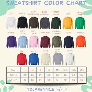 The image is a color chart for a collection of sweatshirts, displaying various colors and sizes.