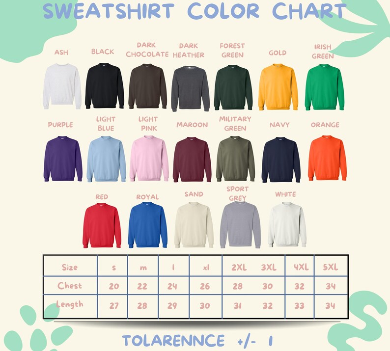 The image is a color chart for a collection of sweatshirts, displaying various colors and sizes.